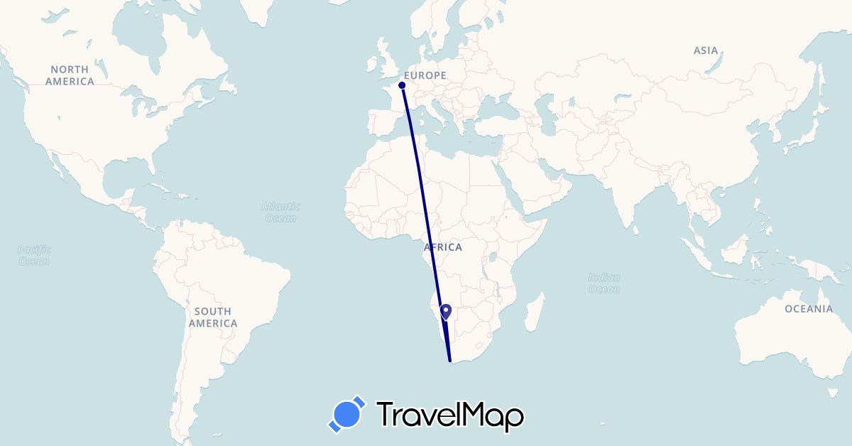 TravelMap itinerary: driving in France, Namibia, South Africa (Africa, Europe)